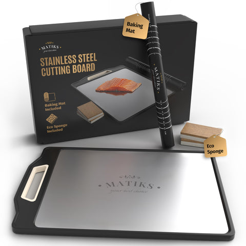 Matiks stainless steel cutting board dual‑sided for meat and produce.