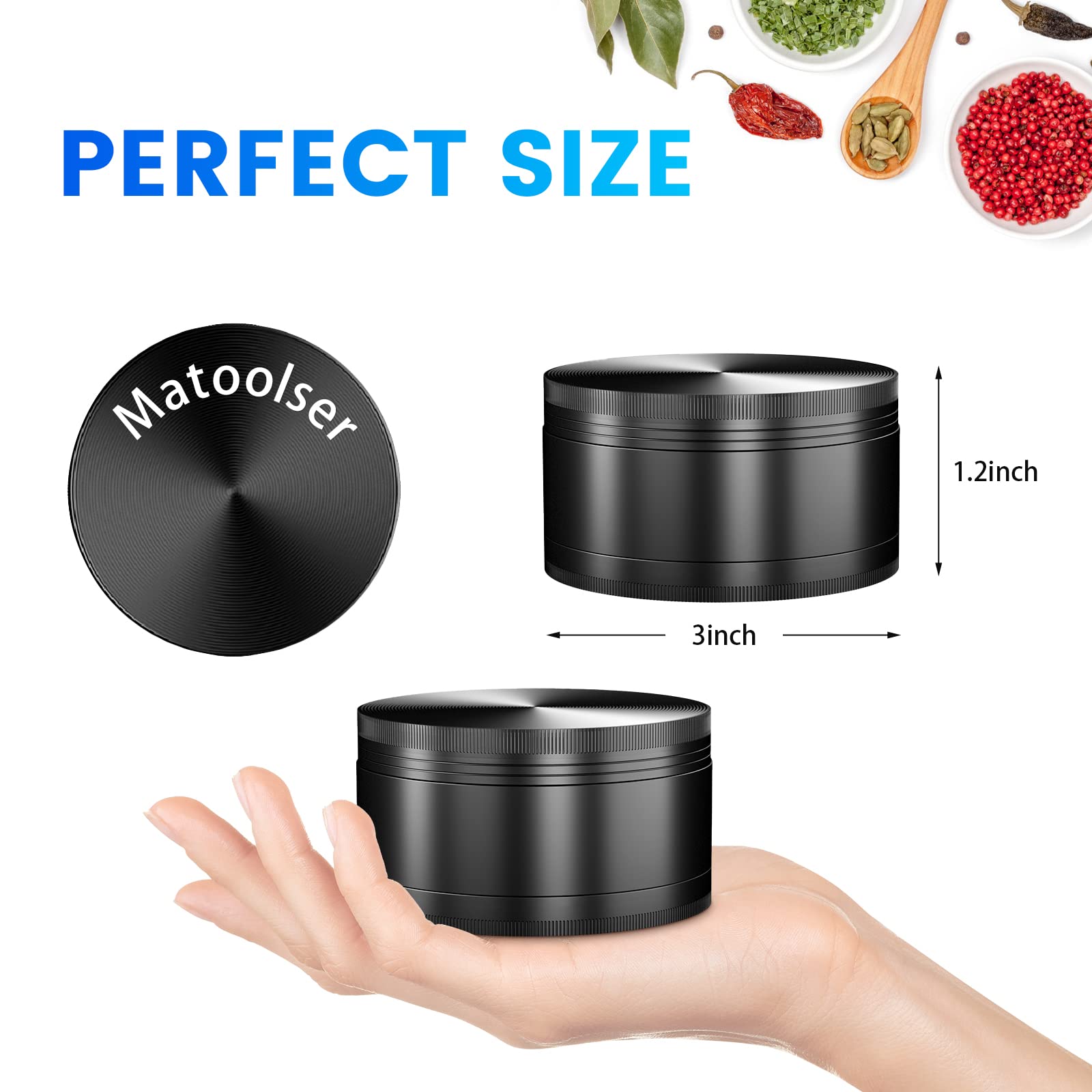 Matoolser 3-Inch Spice Grinder side view highlights compact, comfortable hand use.