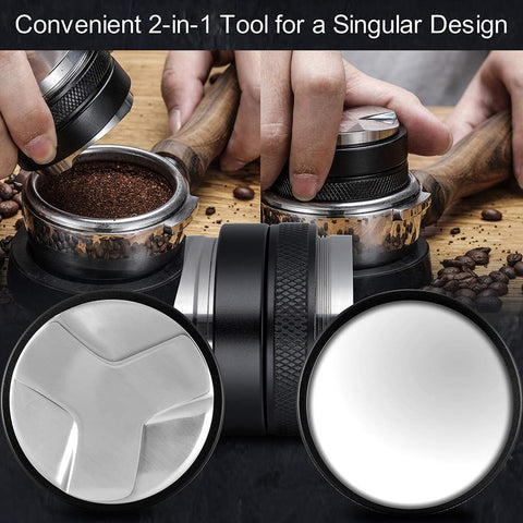 MATOW-leveler top-view emphasizes uniform coffee distribution before tamping.