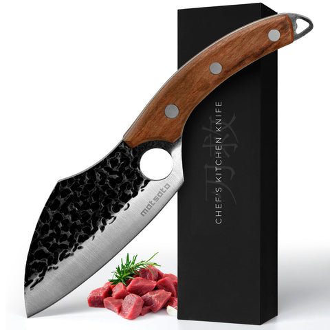 Matsato Chef Knife hammered blade close-up showing smooth food release