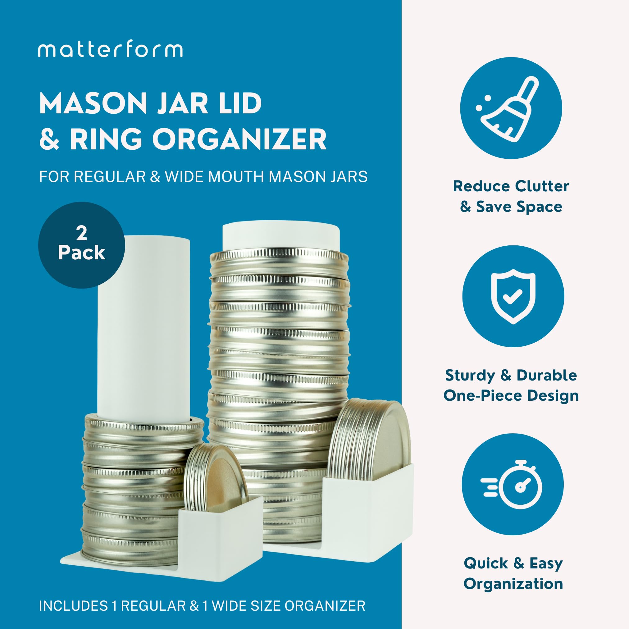 Matterform lid organizer 2-pack side view demonstrates compact vertical storage in a pantry.