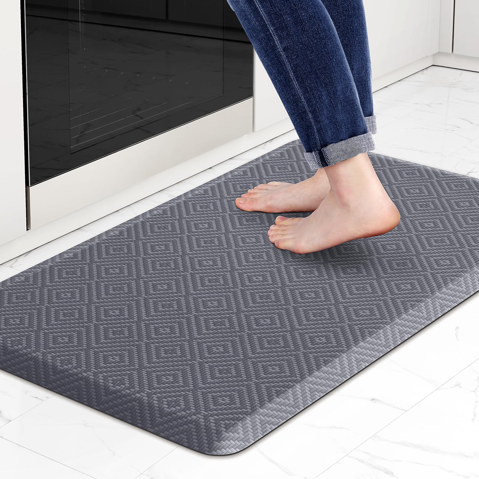 Mattitude kitchen mat anti-fatigue foam layer reduces standing strain.