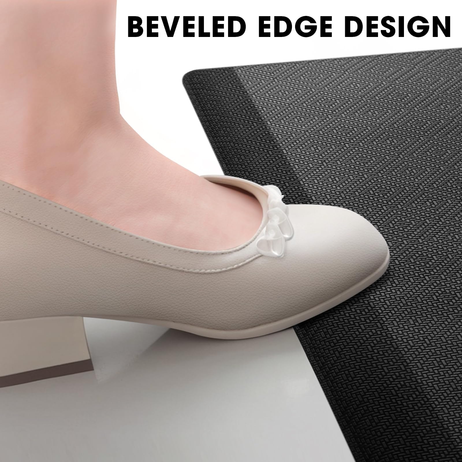 Mattitude kitchen mat features beveled edges to reduce tripping risk.