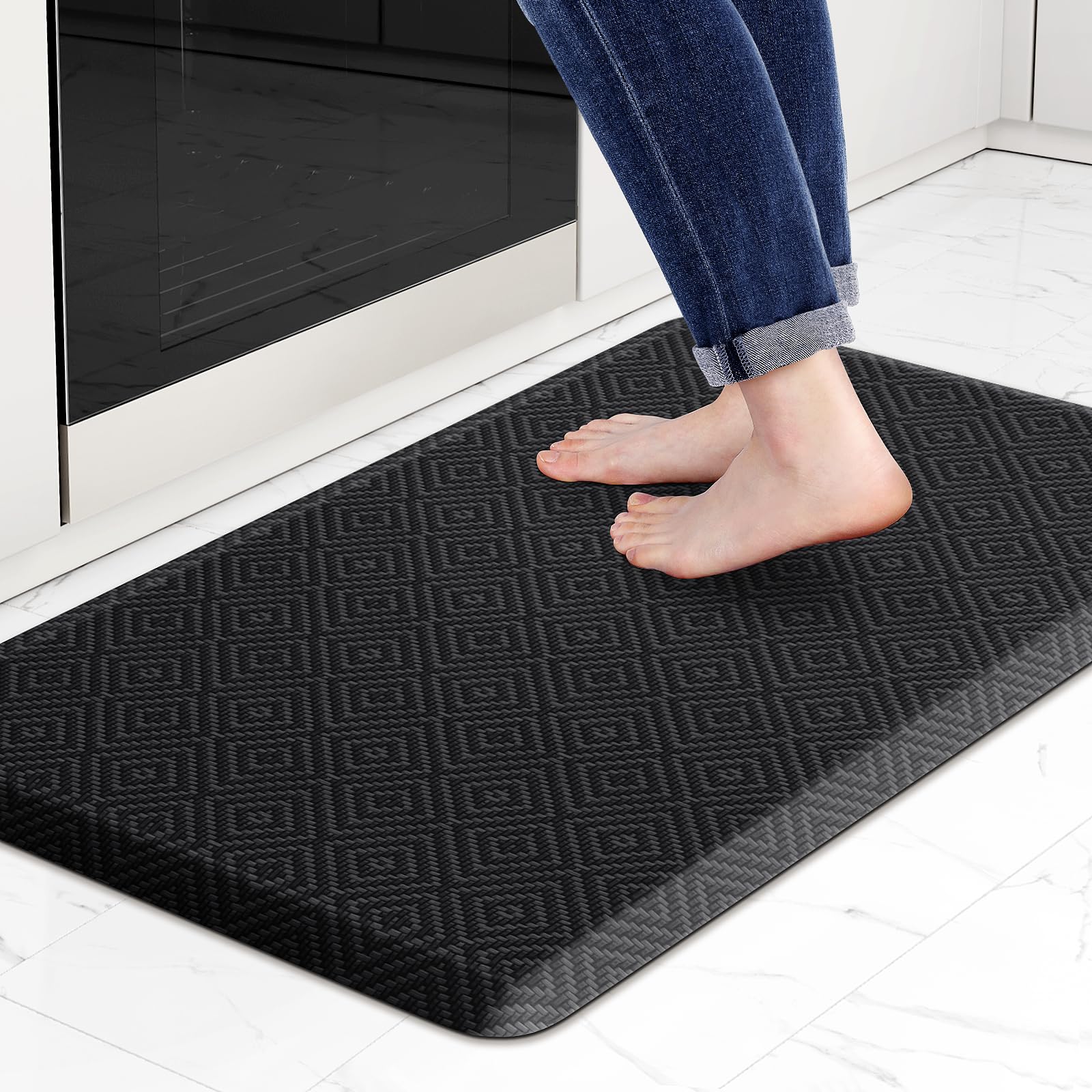 Mattitude cushioned kitchen mat for anti-fatigue comfort during long kitchen tasks.