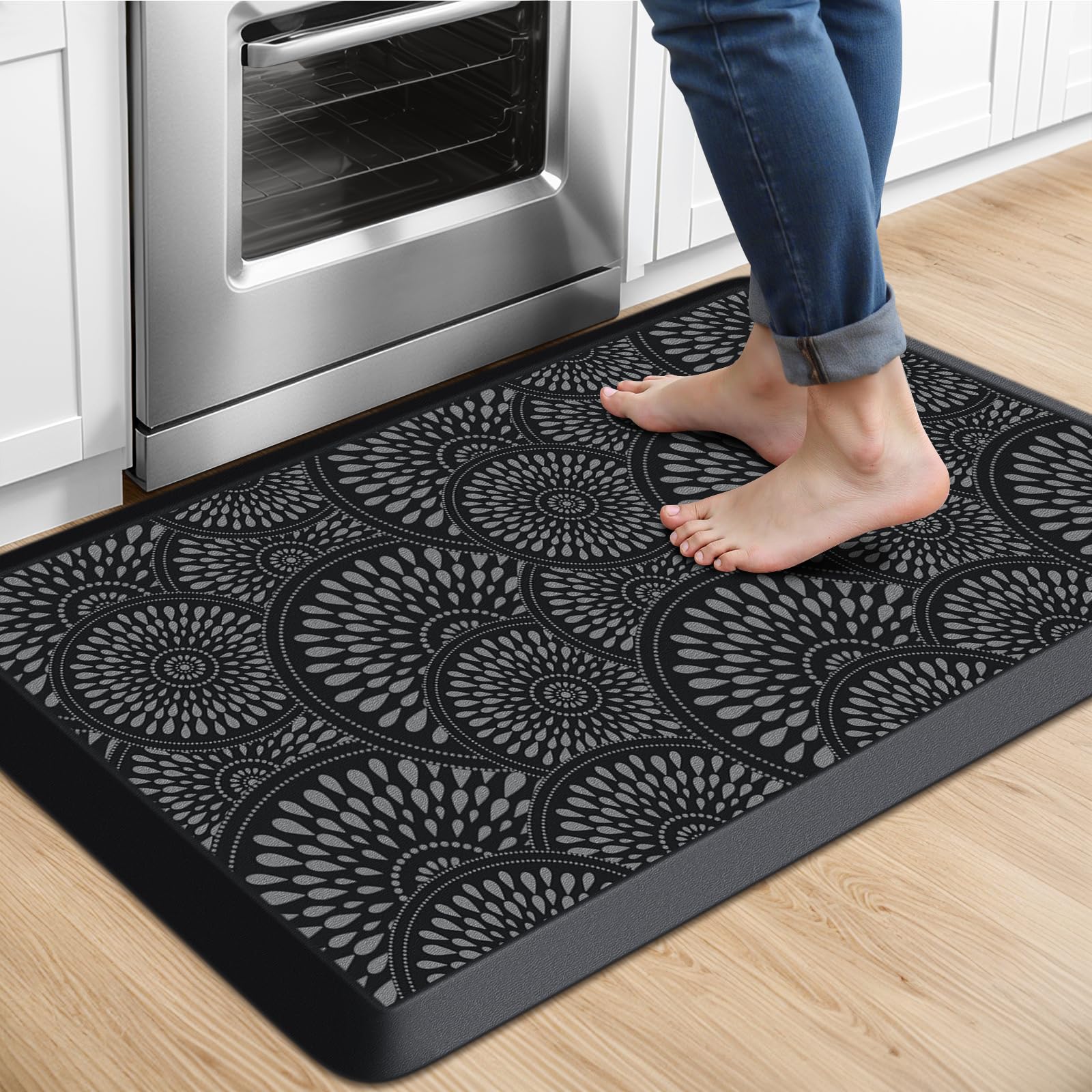 Mattitude kitchen mat with ergonomic cushion provides comfortable standing during meal prep.