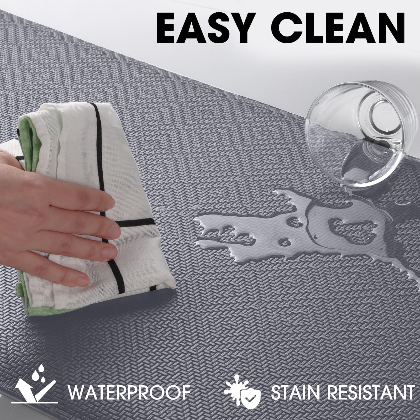 Mattitude kitchen mat oil- and stain-resistant surface for quick maintenance.