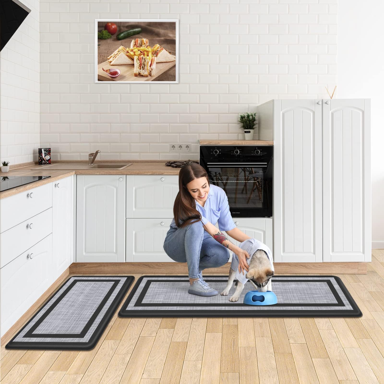Mattitude kitchen mats in black and gray blend with kitchen decor while providing comfort.