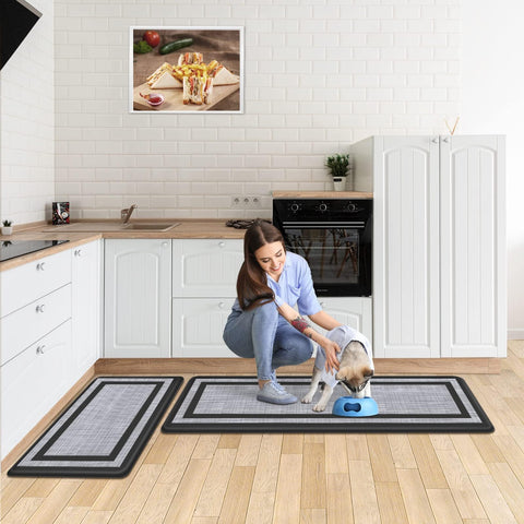 Mattitude kitchen mats in black and gray blend with kitchen decor while providing comfort.