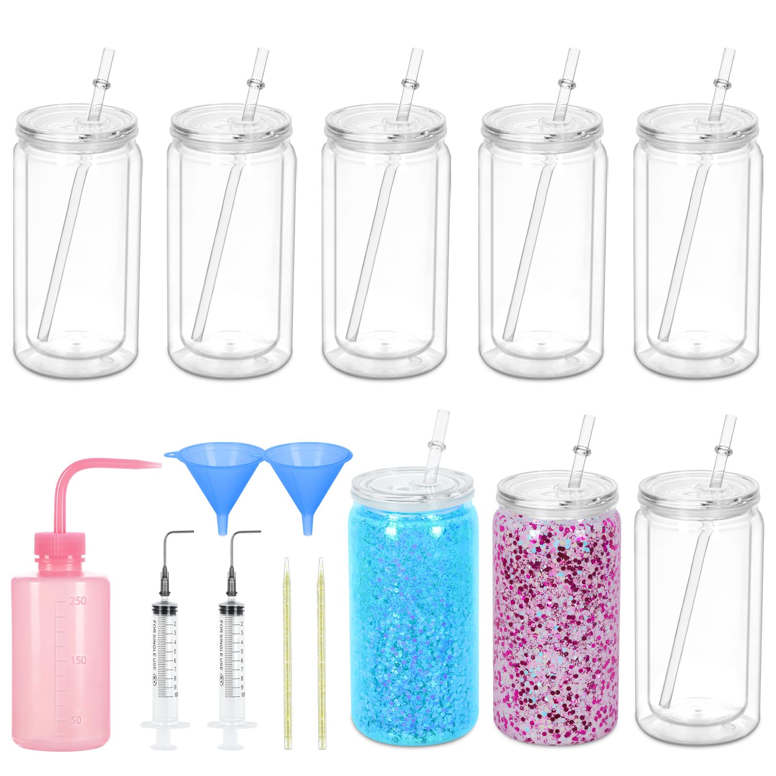 Maucircol Snowglobe tumbler assembly with eight 16 oz cups for DIY crafts.