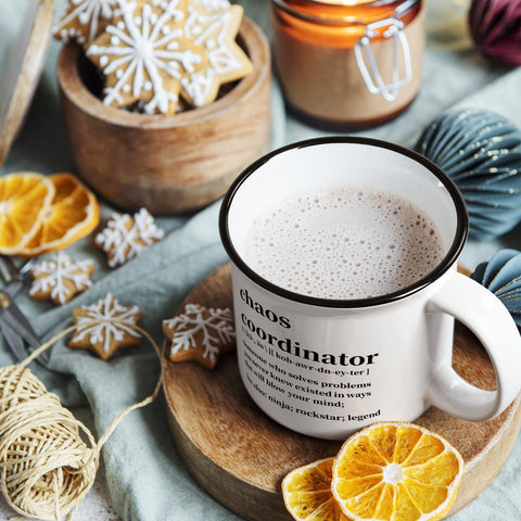 Maustic Chaos Coordinator Mug showing enamel-look texture and dots detail.