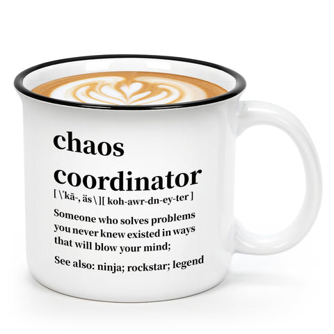 Maustic Chaos Coordinator Mug front view, ideal for desk coffee moments.