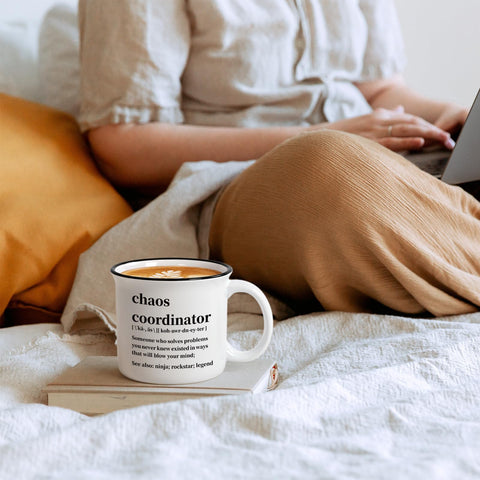 Maustic Chaos Coordinator Mug with steam rising from coffee.