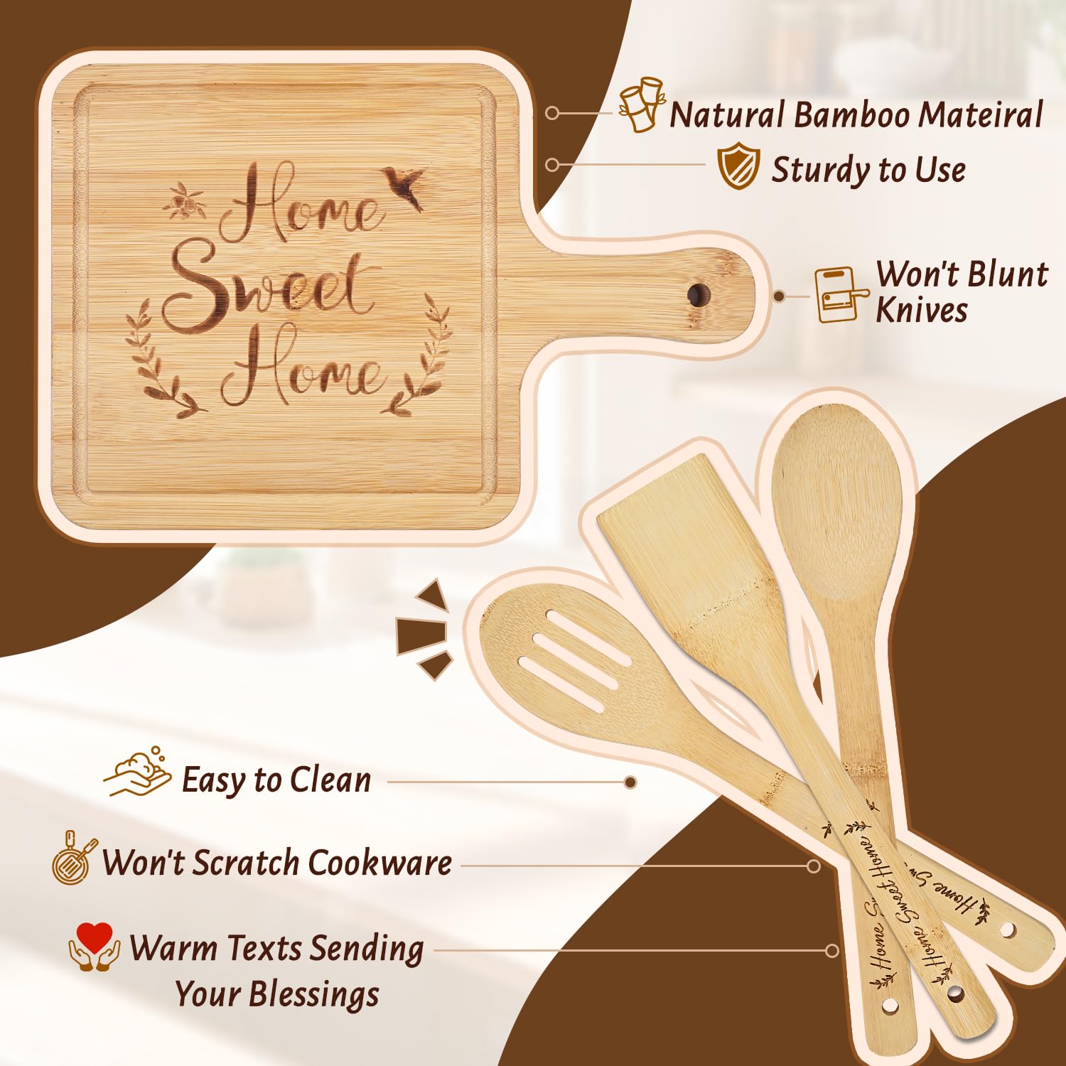 Maustic cooking spoons set, durable bamboo with Home Sweet Home.