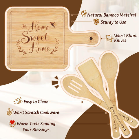 Maustic cooking spoons set, durable bamboo with Home Sweet Home.