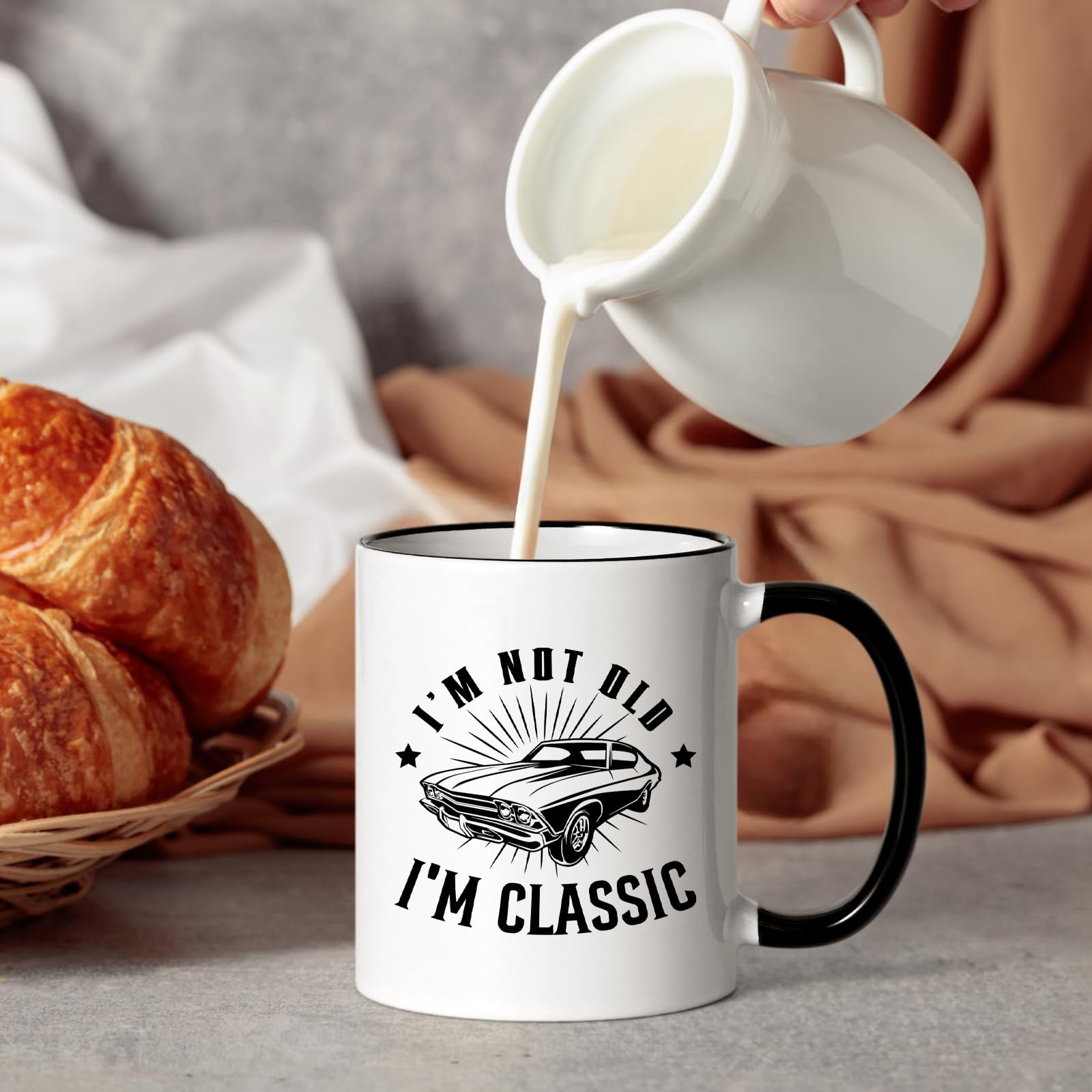Maustic retro car print mug highlights nostalgic style for home or office use.