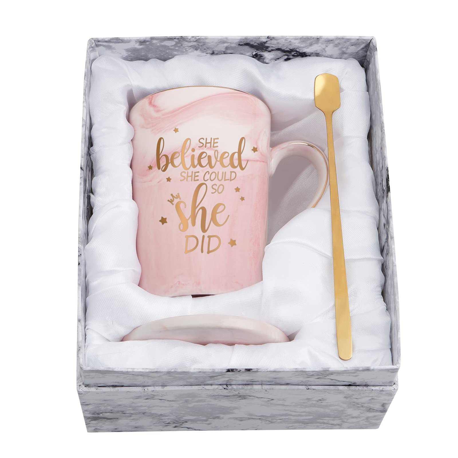 Maustic She Believed She Could So She Did mug in pink marble, a giftable statement piece.