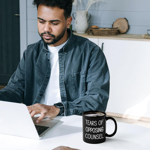 Maustic Tears of Opposing Counsel mug easy-care design resists wear from washing.