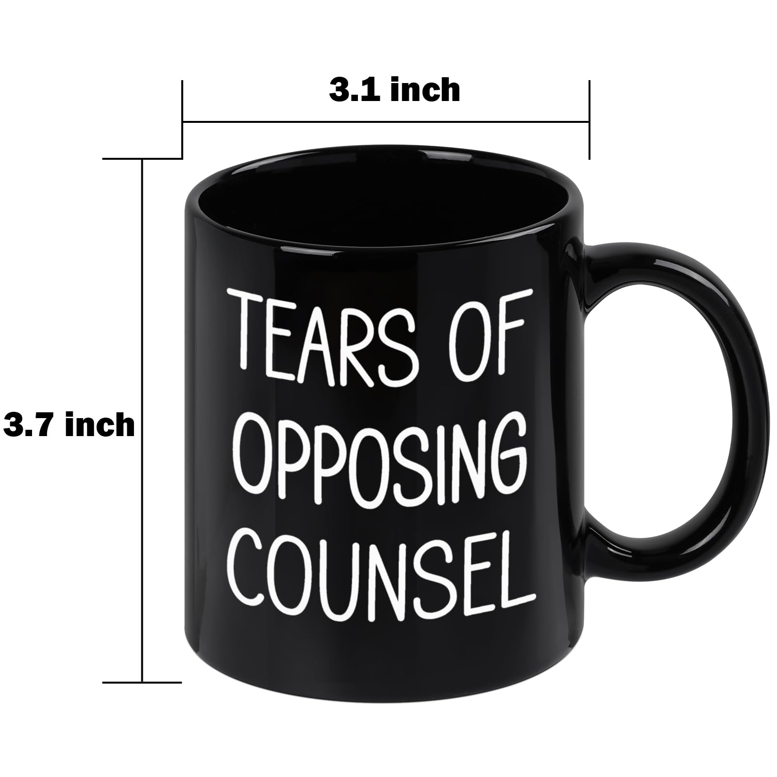Maustic Tears of Opposing Counsel mug photographed with coffee on a desk.