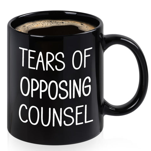 Maustic Tears of Opposing Counsel mug front view with bold print for daily use.