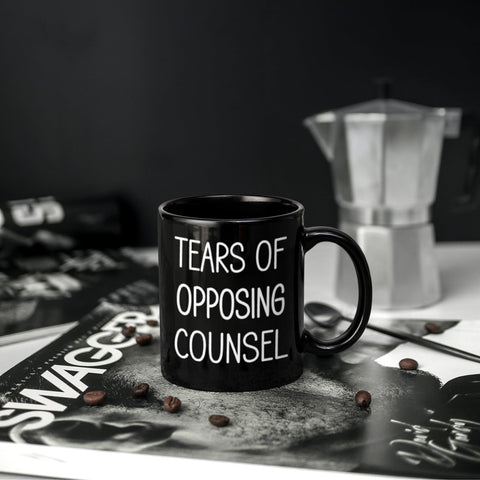 Maustic Tears of Opposing Counsel mug with comfortable C-shaped handle.