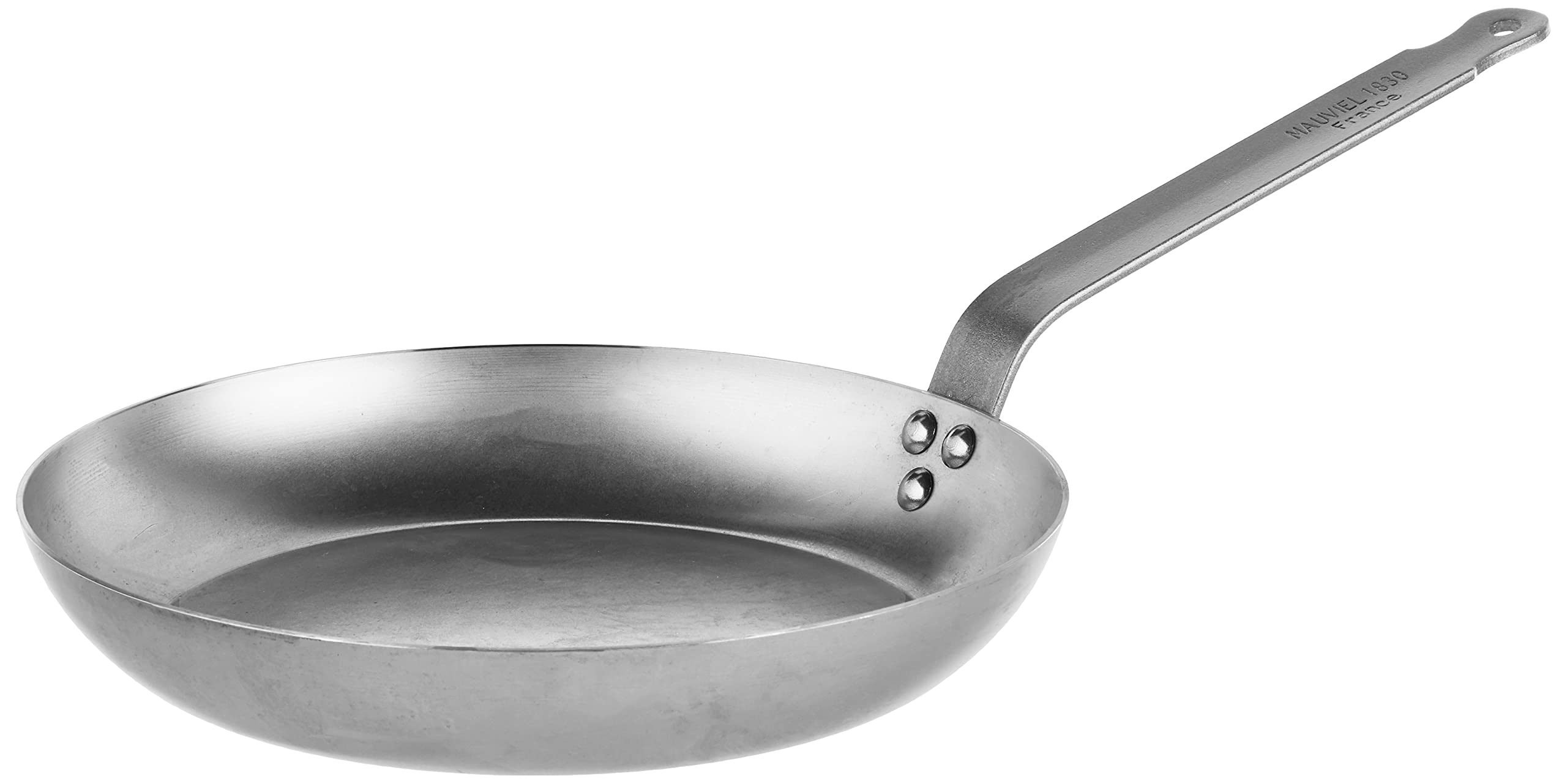 Mauviel M'Steel black carbon pan with iron handle, ideal for high-heat searing.