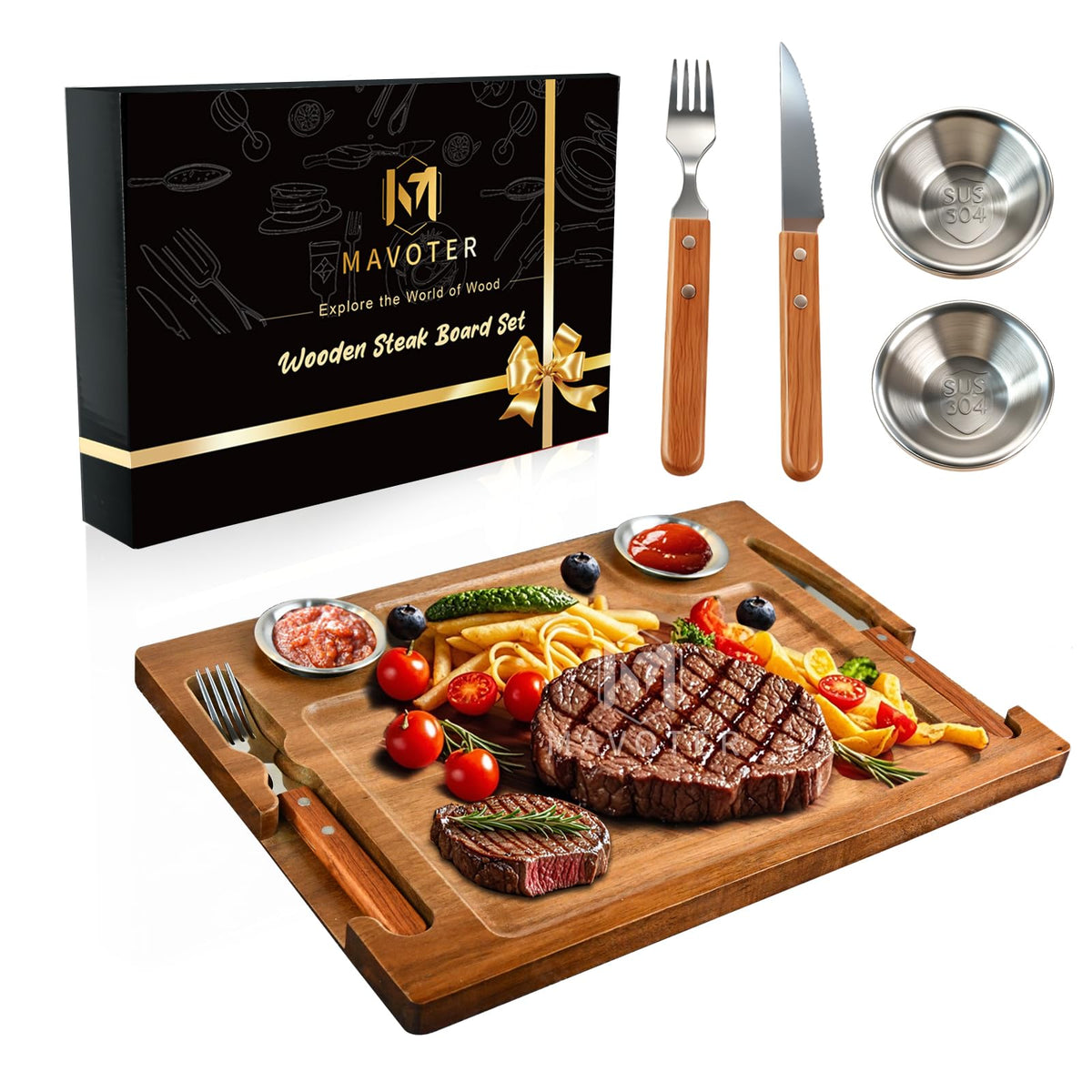 MAVOTER acacia steak board with knife for precise carving and presentation.
