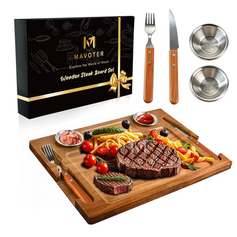 MAVOTER acacia steak board with knife for precise carving and presentation.
