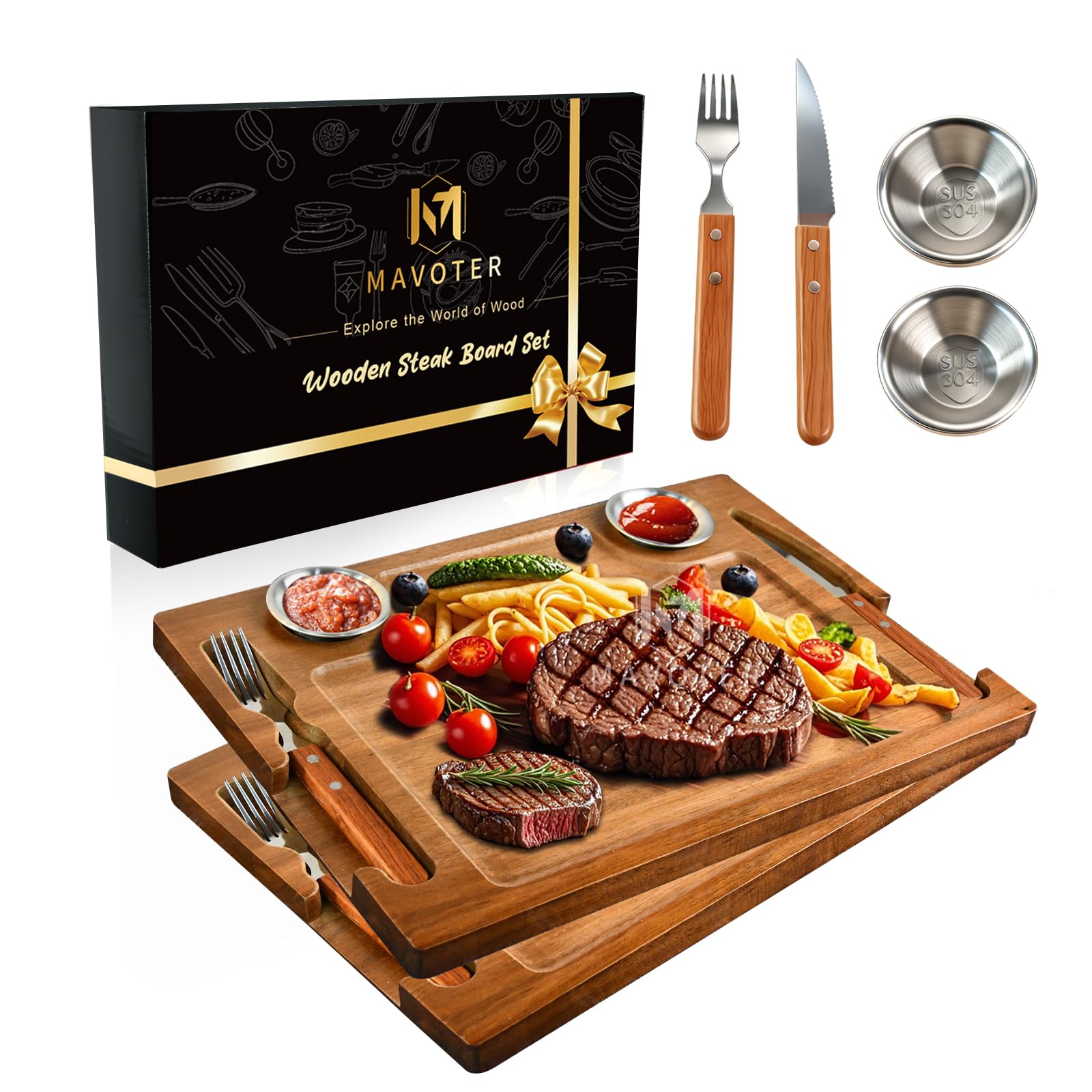 MAVOTER Acacia steak plates set2 overhead view for elegant at-home serving.