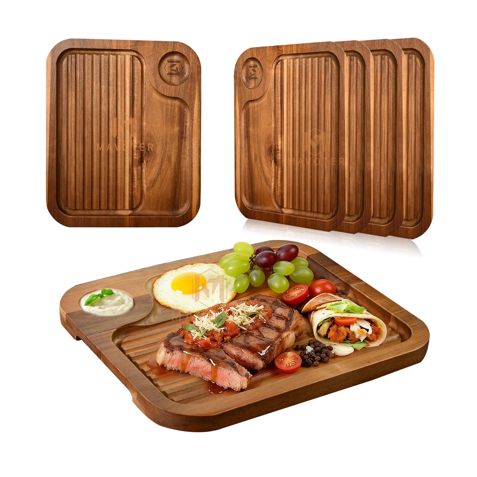 MAVOTER acacia steak plate with deep grooves captures juices for clean serving