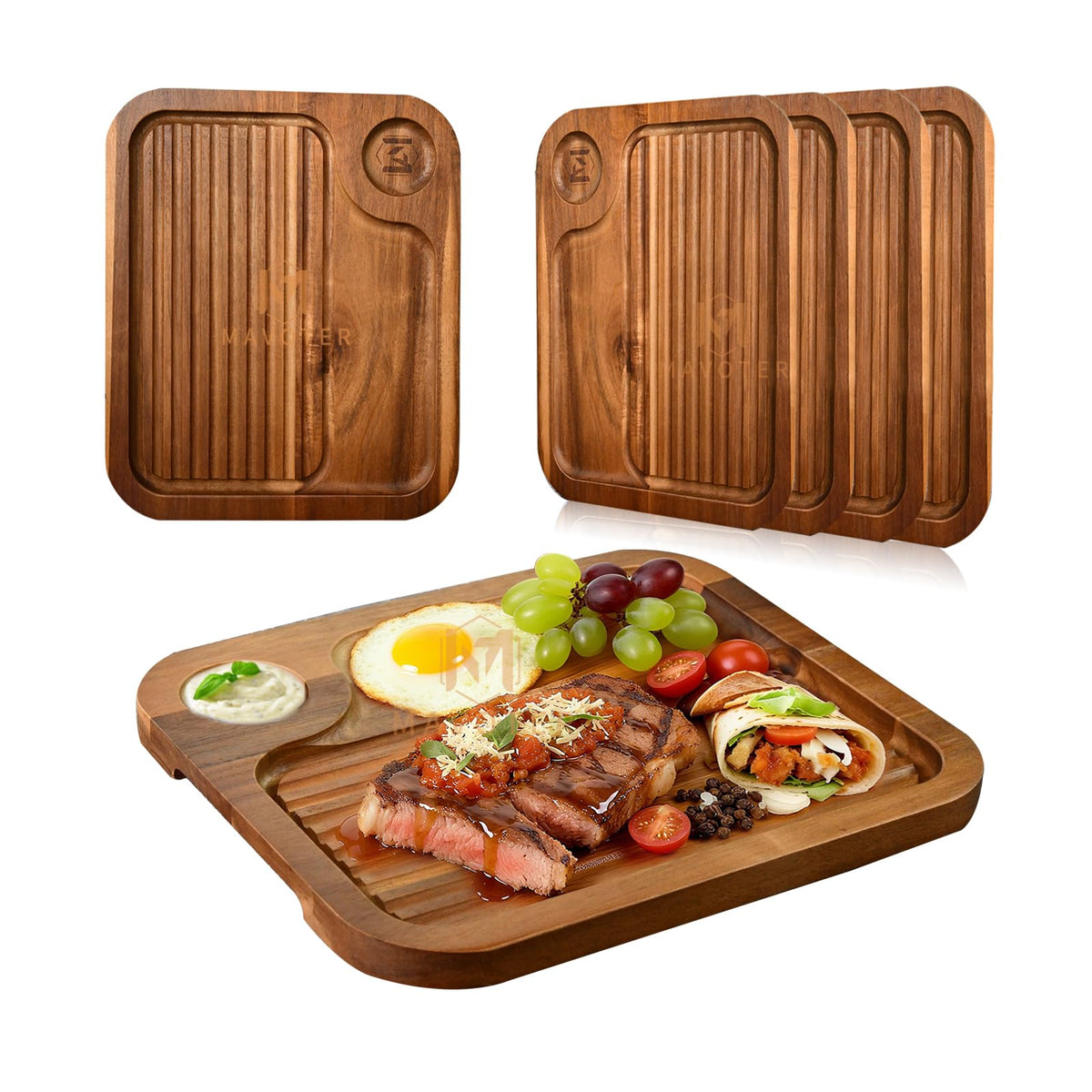 MAVOTER acacia steak plate with deep grooves captures juices for clean serving