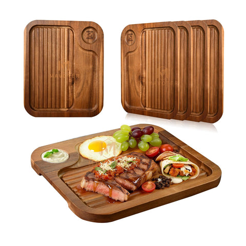 MAVOTER acacia steak plate with deep grooves captures juices for clean serving