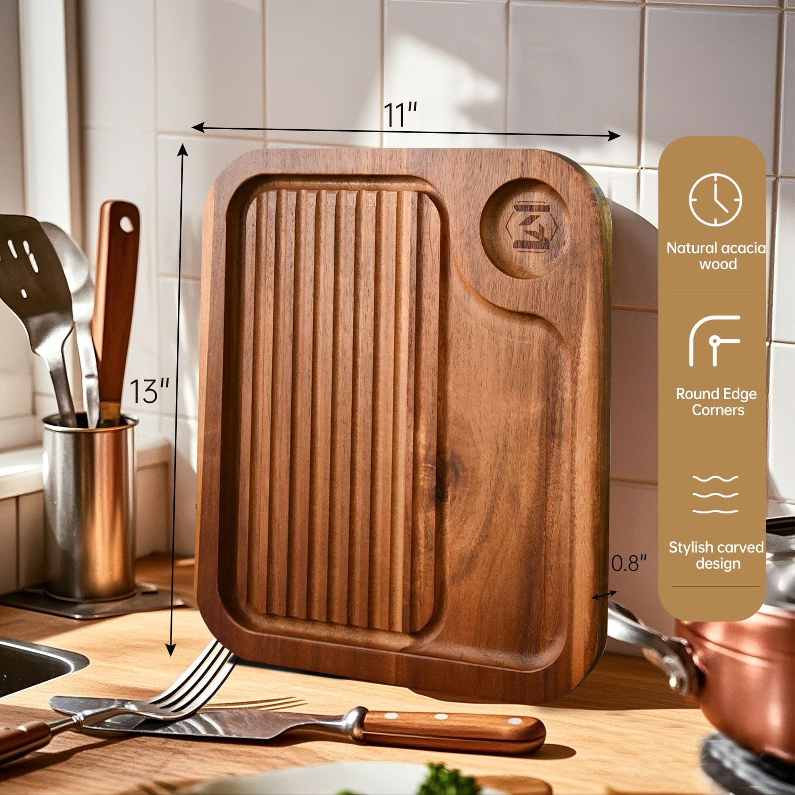 MAVOTER acacia steak plate showing hidden side handles for easy transport