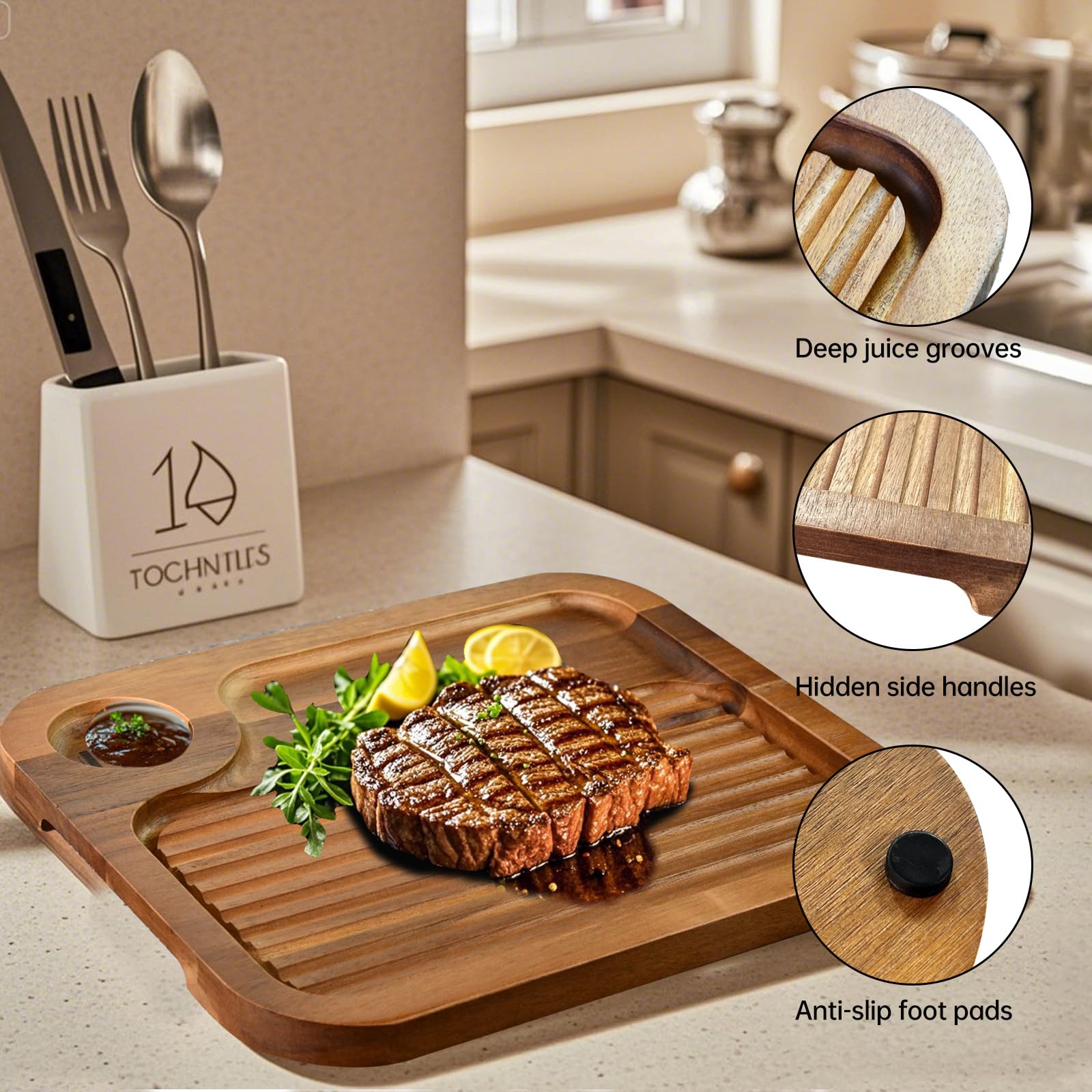 MAVOTER acacia board with non-slip pads for stable serving