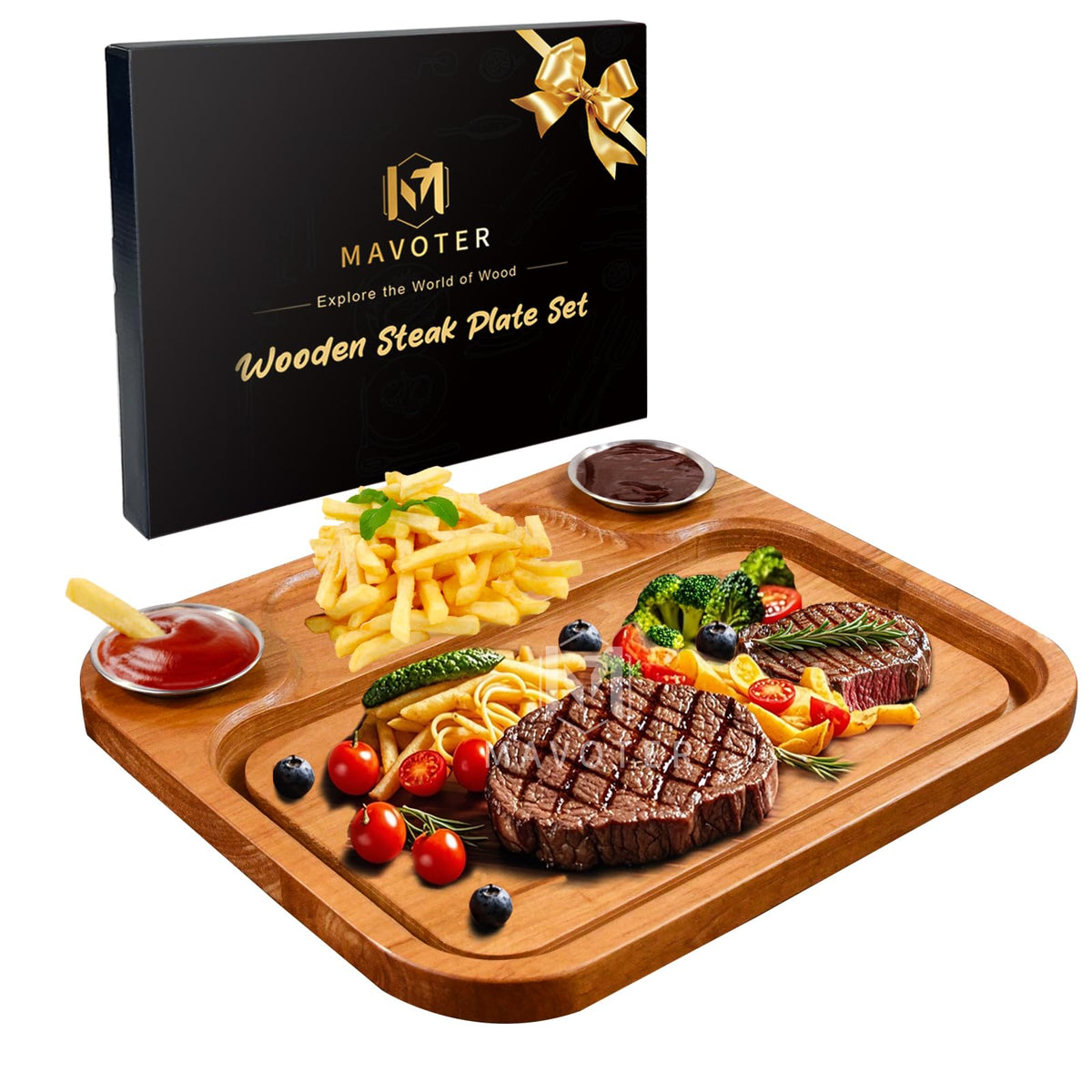 MAVOTER wooden steak board with juice groove keeps juices tidy for juicy steaks