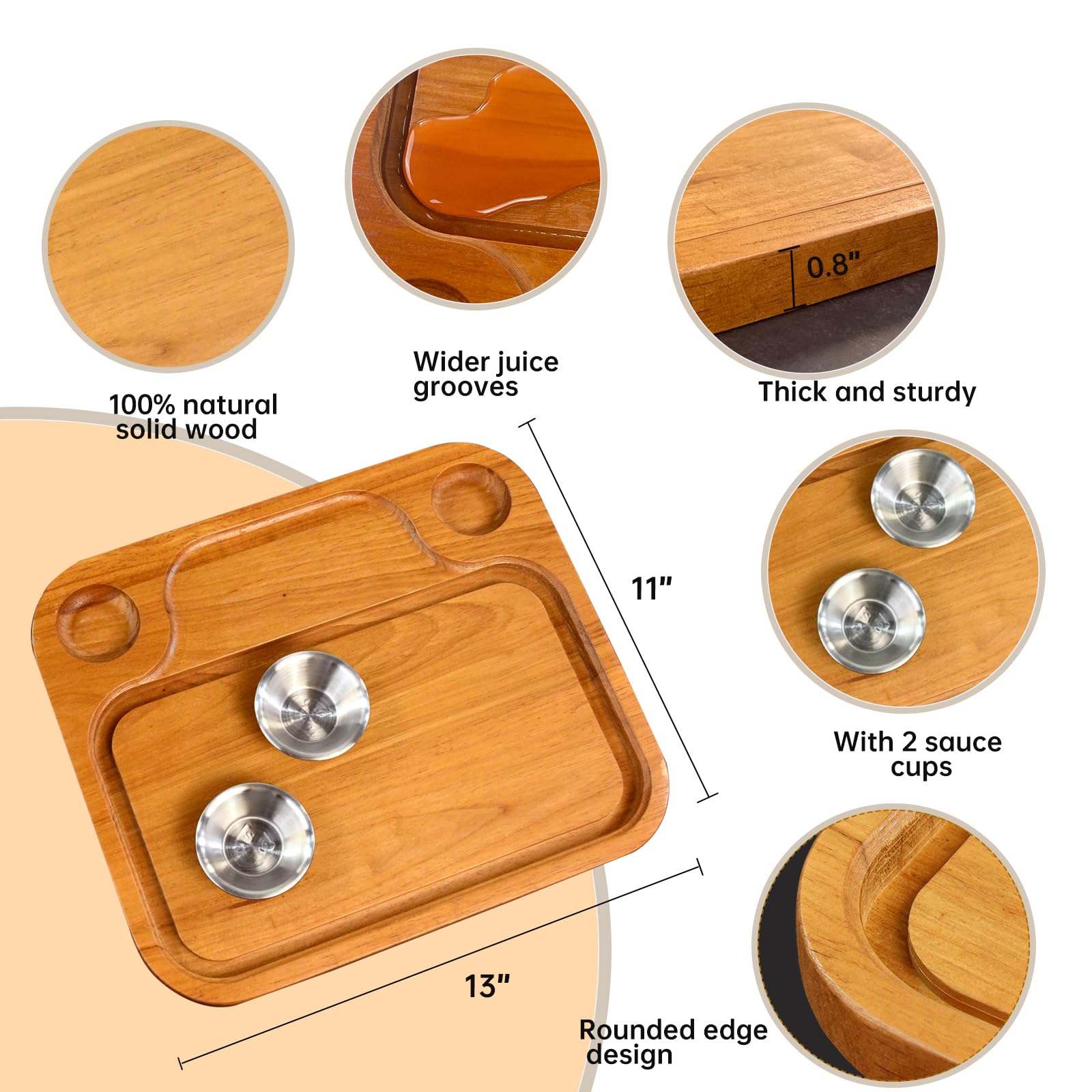 MAVOTER wooden steak board with two sauce cups handy for sauces and dips