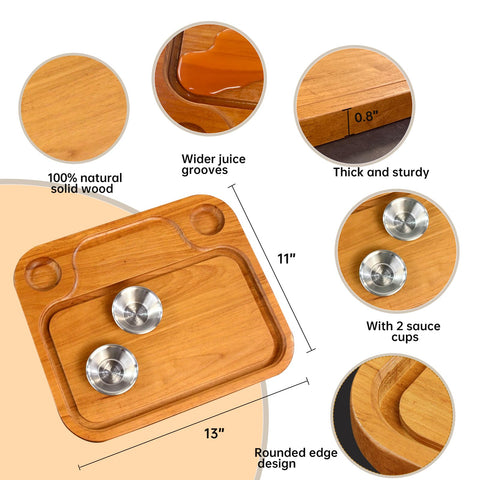 MAVOTER wooden steak board with two sauce cups handy for sauces and dips