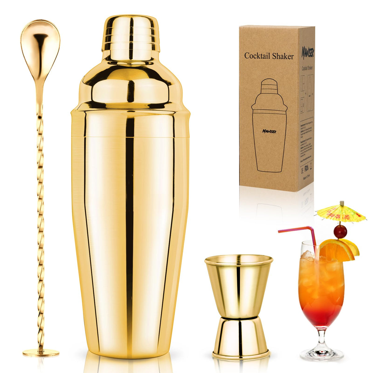 Mawisek 750ml cocktail shaker in gold finish for stylish mixing.