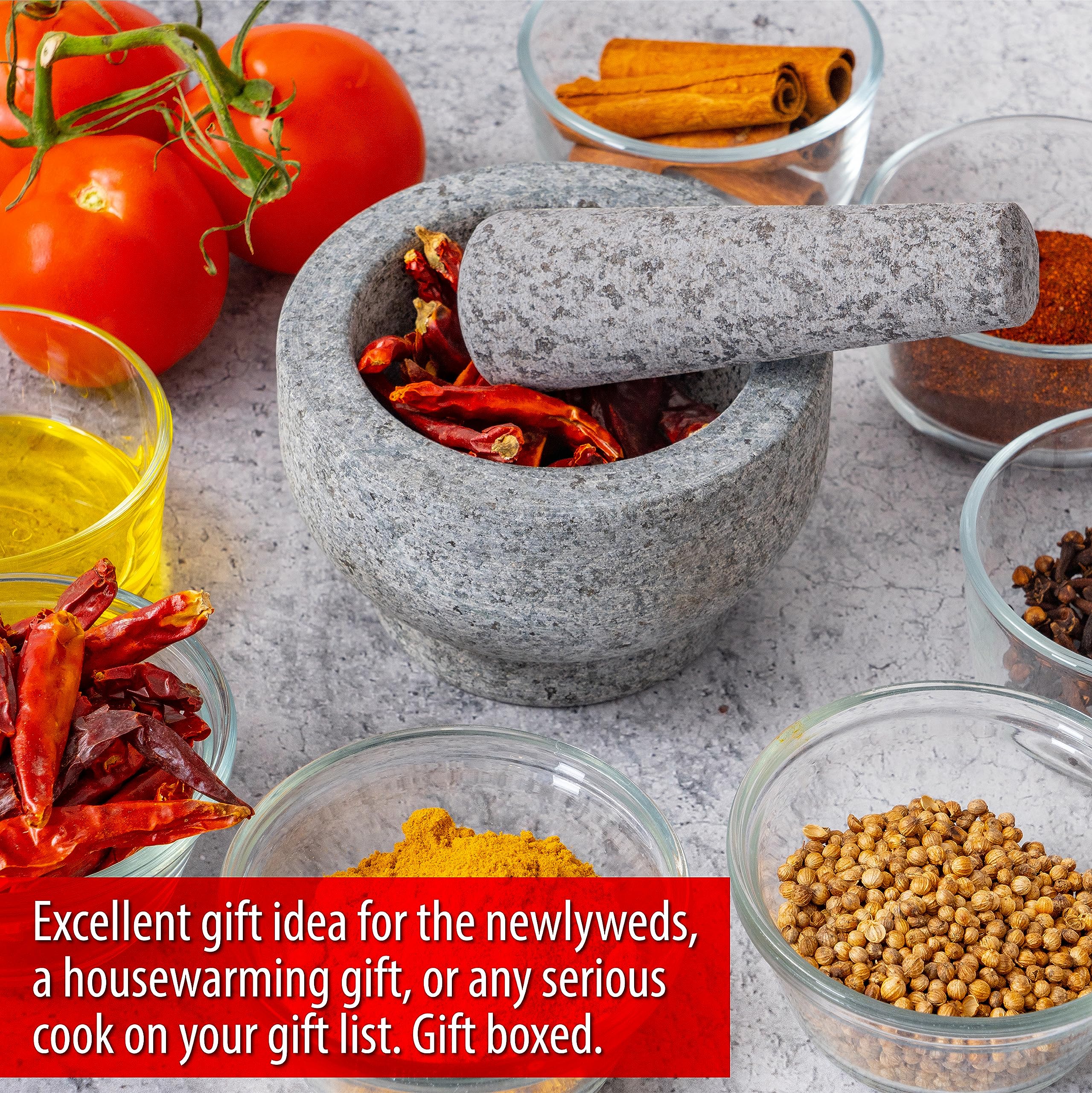 Maxam Grey mortar and pestle on a clean countertop, stylish kitchen decor.