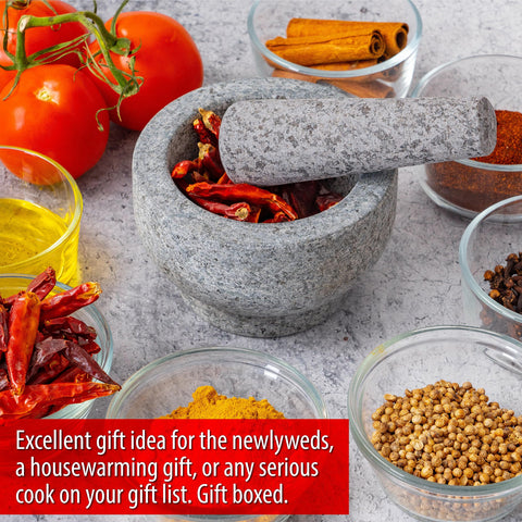 Maxam Grey mortar and pestle on a clean countertop, stylish kitchen decor.