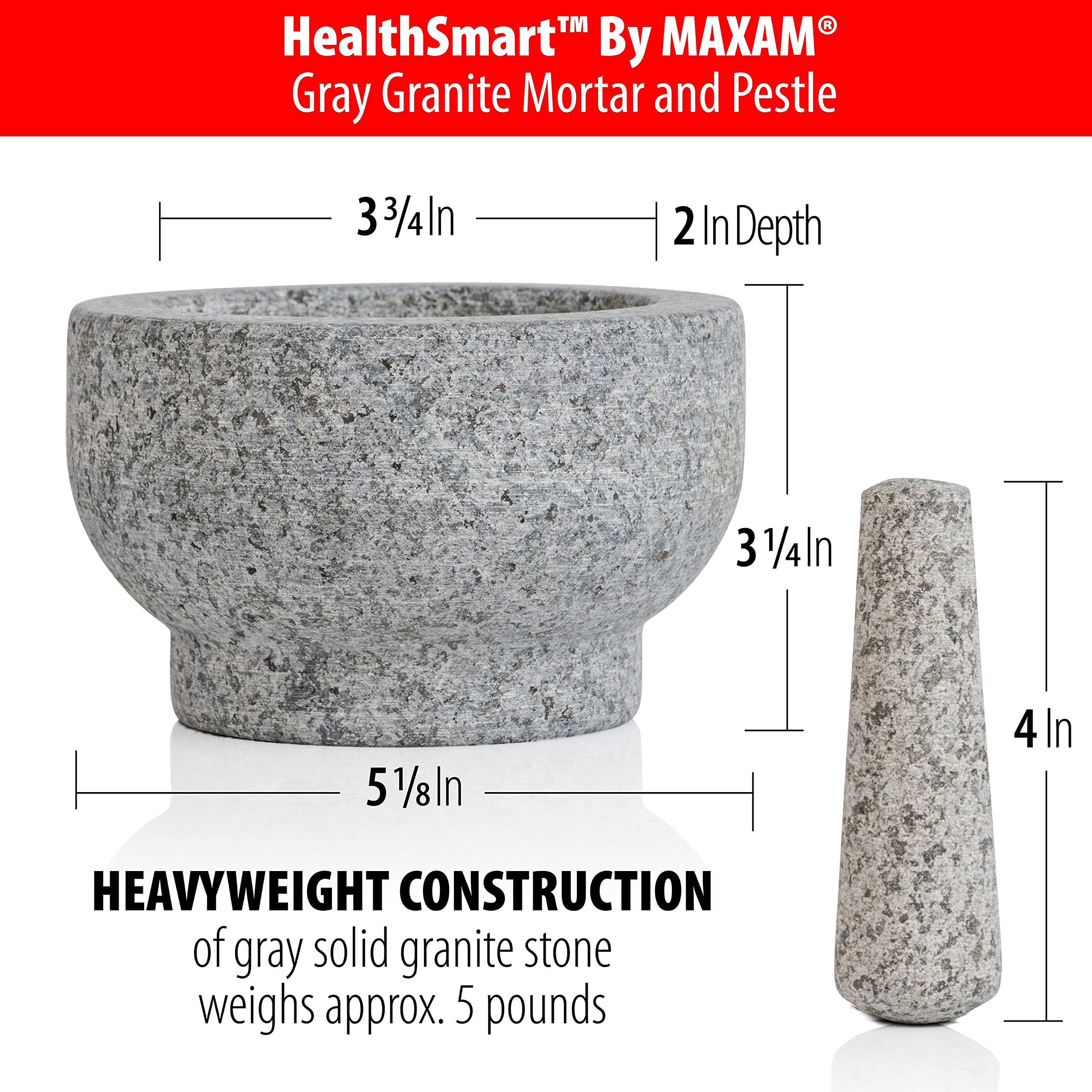 Maxam Grey granite mortar and pestle for durable, long-lasting grinding.