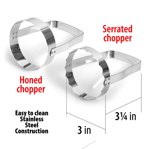 Maxam hand food chopper set with honed blade for clean cuts.