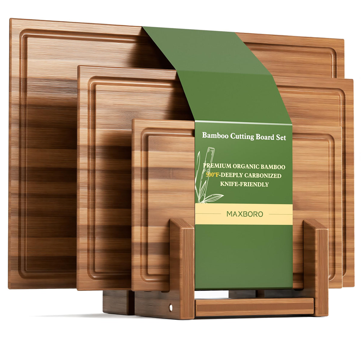 Maxboro bamboo cutting board set with stand for organized prep and stylish serving.