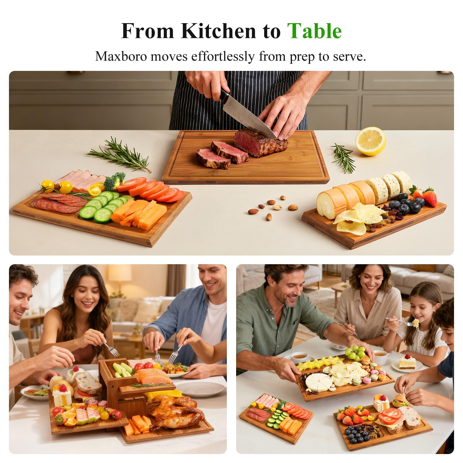 Maxboro double-sided board with cutting surface and charcuterie layout.