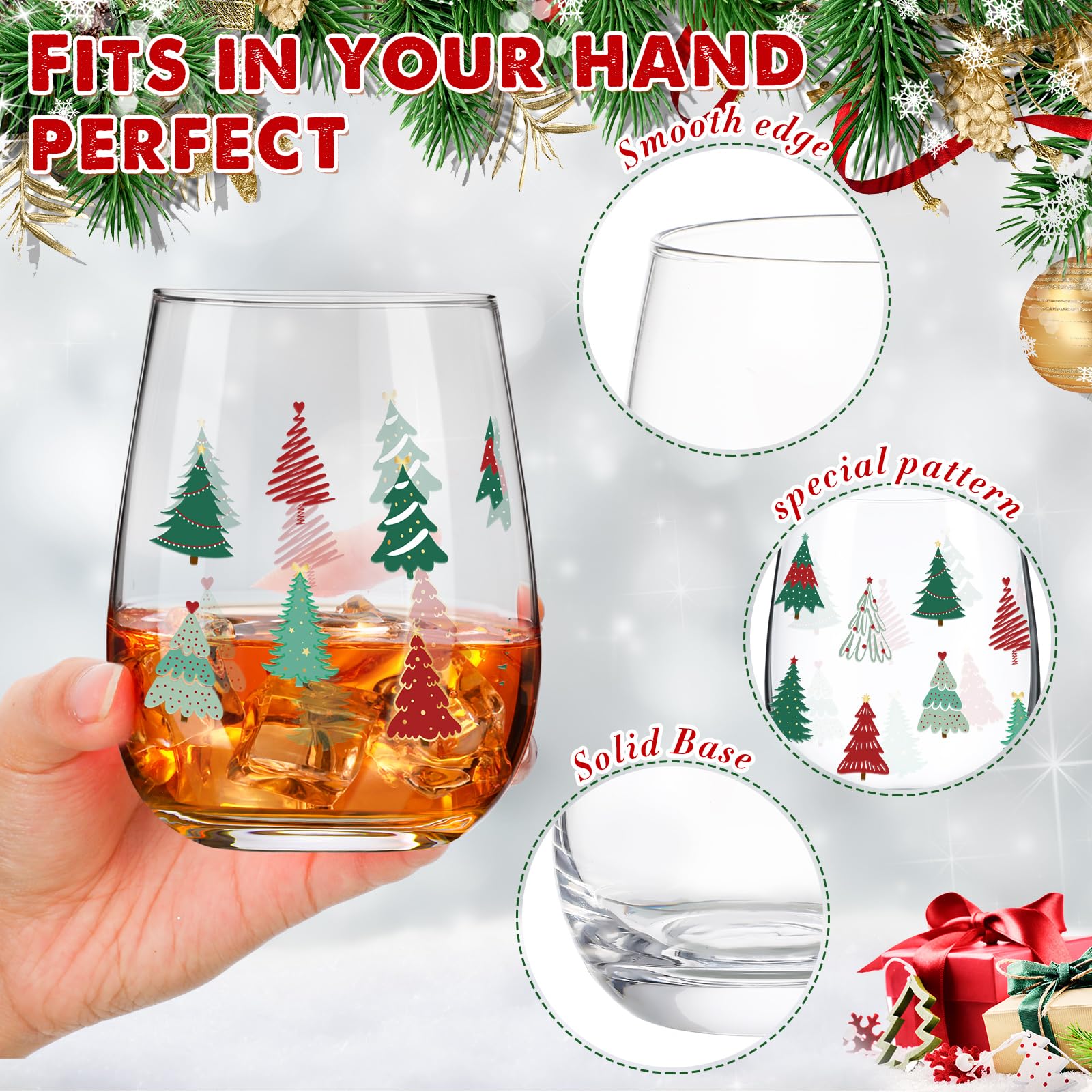 Maxcheck clear glass highlights wine color while featuring durable Christmas motif