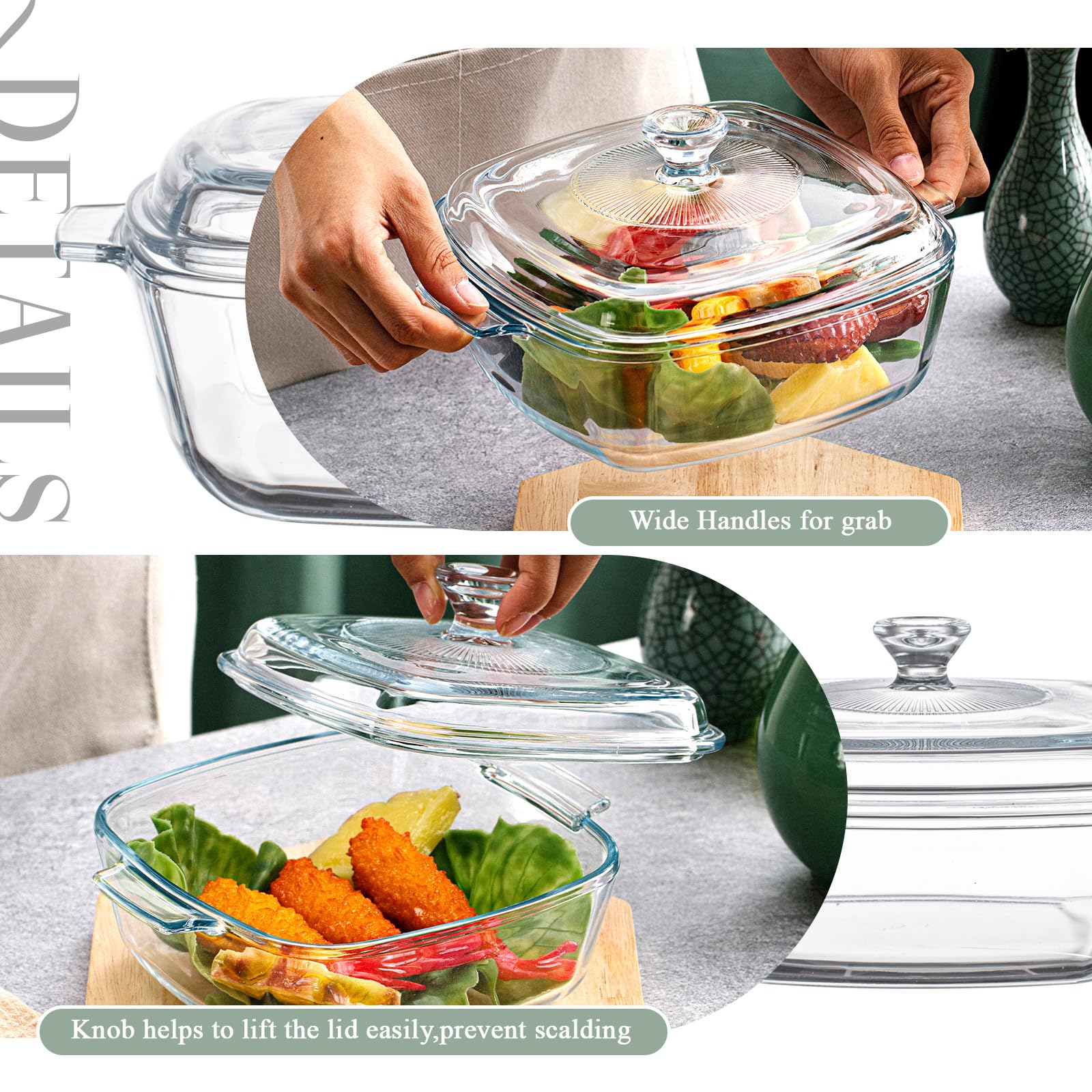Maxcheck glass bakeware with a sturdy handle for safe lifting.