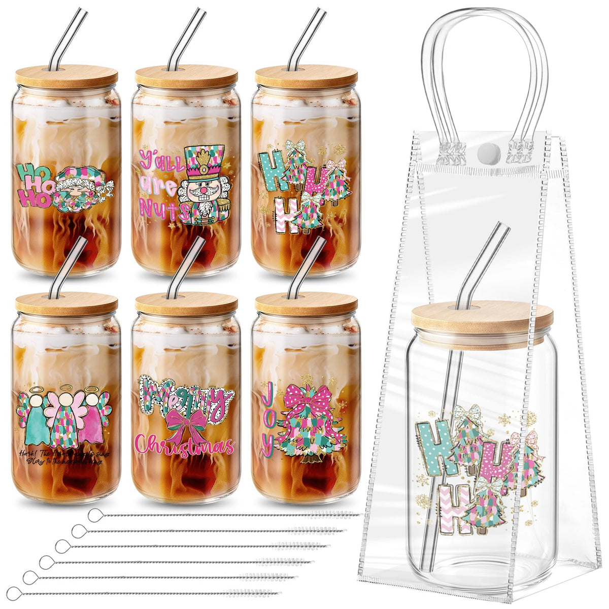 Maxdot pink Christmas glass cup with nutcracker design, lid and straw for festive sipping
