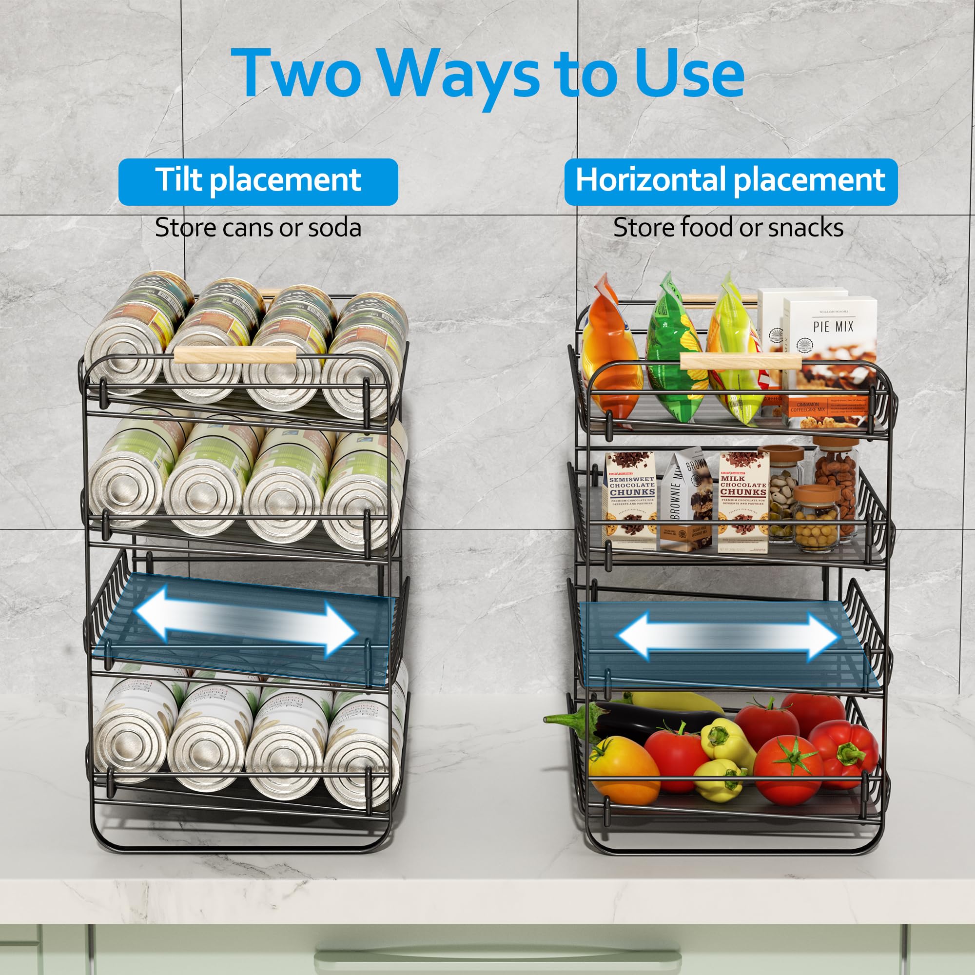 MAXIFFE multi-use kitchen setup shows versatile storage for cans and fruits