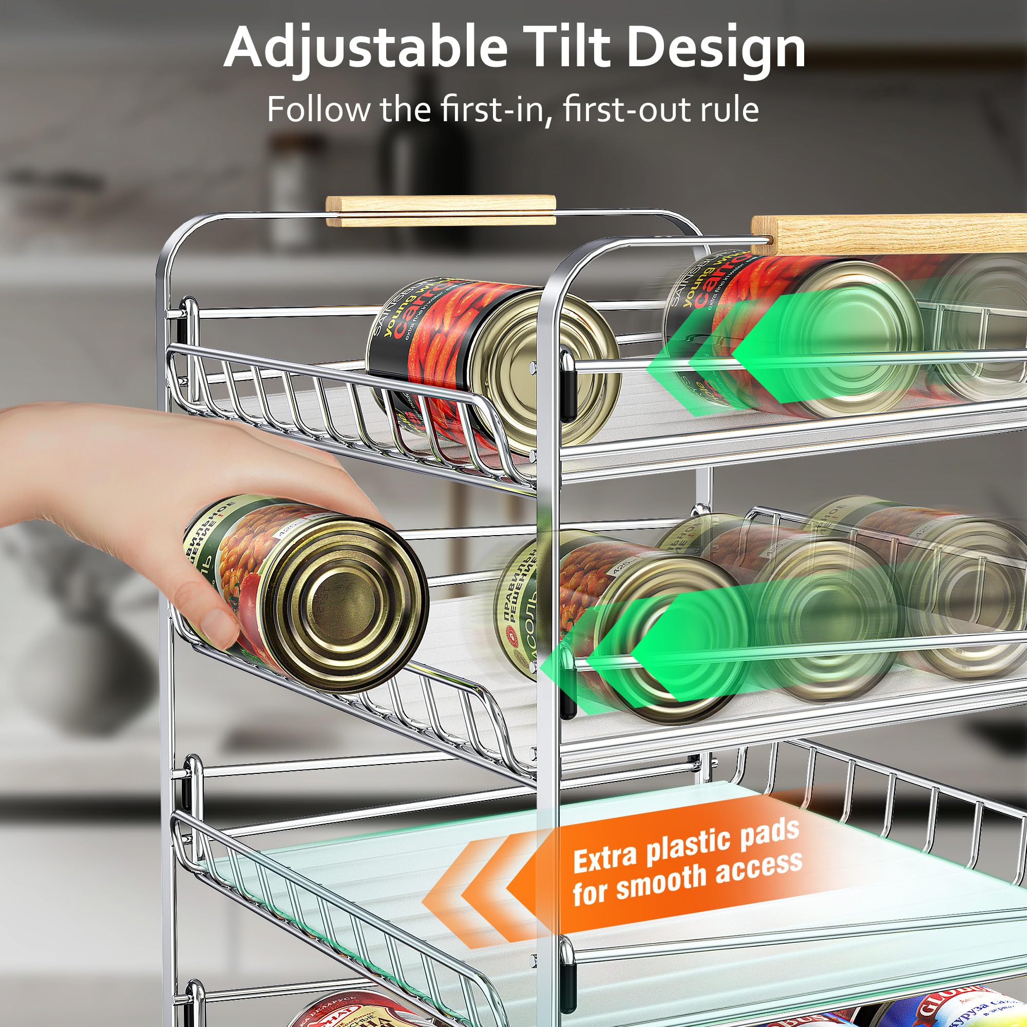 MAXIFFE organizer side shelves tilted for fruits and pantry items.