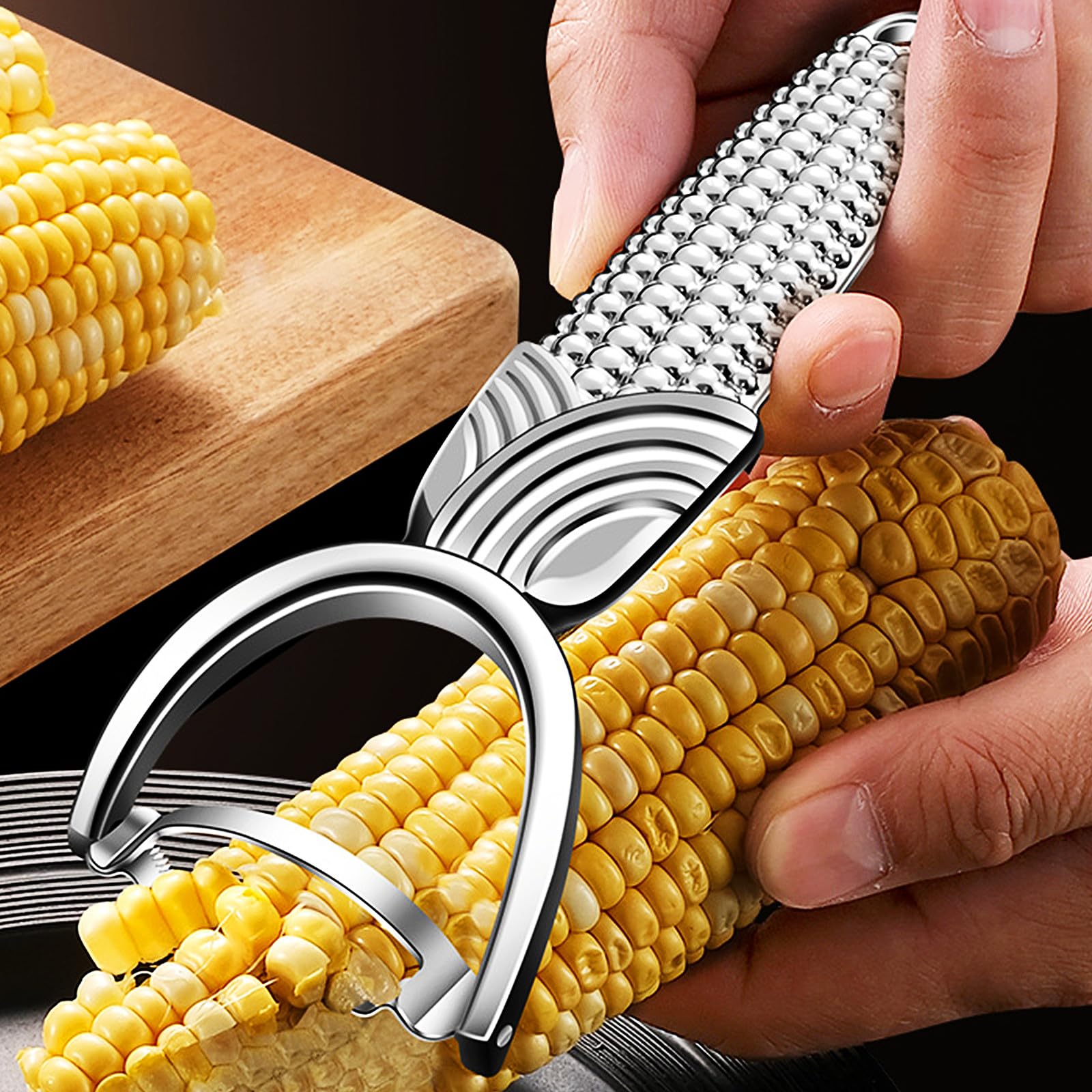 MAXJOY corn peeler with aligned blades for even kernel removal on the cob