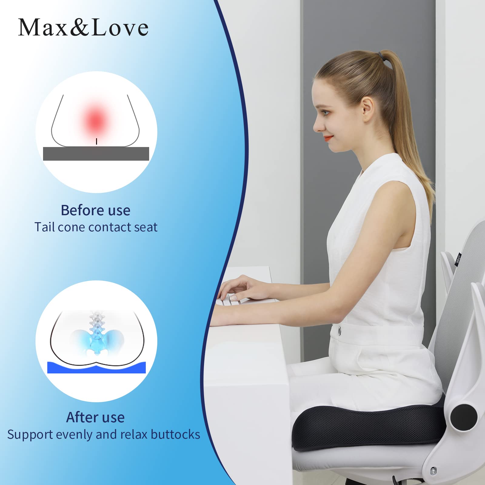 Max&Love memory foam seat cushion side view showing wedge cutout for support.